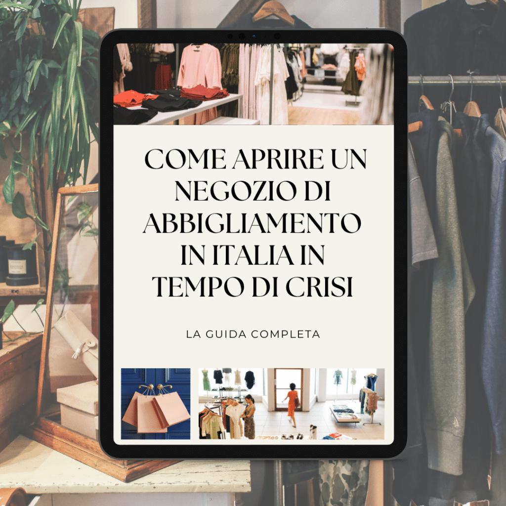 L'écran d'une tablette affiche un guide sur l'ouverture d'un magasin de vêtements en Italie en période de crise, avec des images de vêtements et de sacs à provisions. L'arrière-plan montre l'intérieur d'un magasin de vêtements chic.