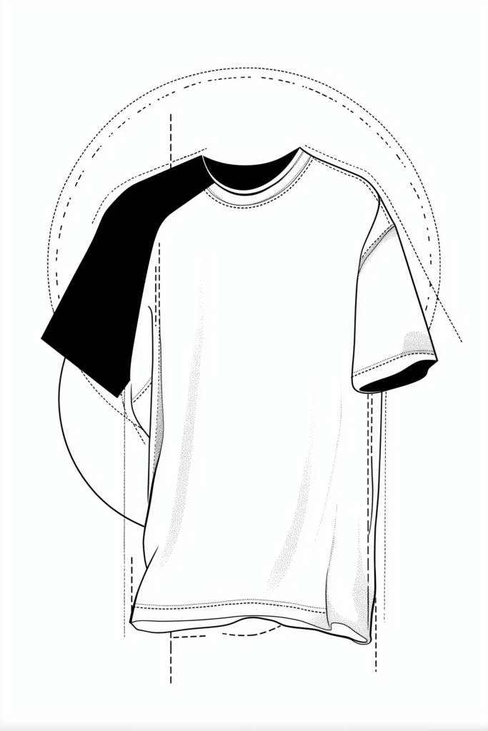 Comment créer une marque de t-shirt : guide complet pour créer votre propre marque de t-shirt 7 Un T-shirt blanc avec une manche gauche noire est représenté dans un style line-art minimaliste avec des formes géométriques en arrière-plan - un choix idéal pour toute marque de T-shirt moderne.