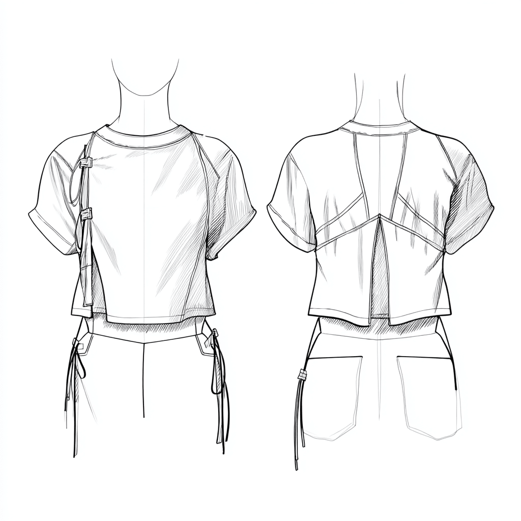 Croquis de mode technique d'un haut à manches courtes avec attaches latérales, boucles et détails ouverts dans le dos - parfait pour toute marque de T-shirt - montré de face et de dos sur un mannequin vide.