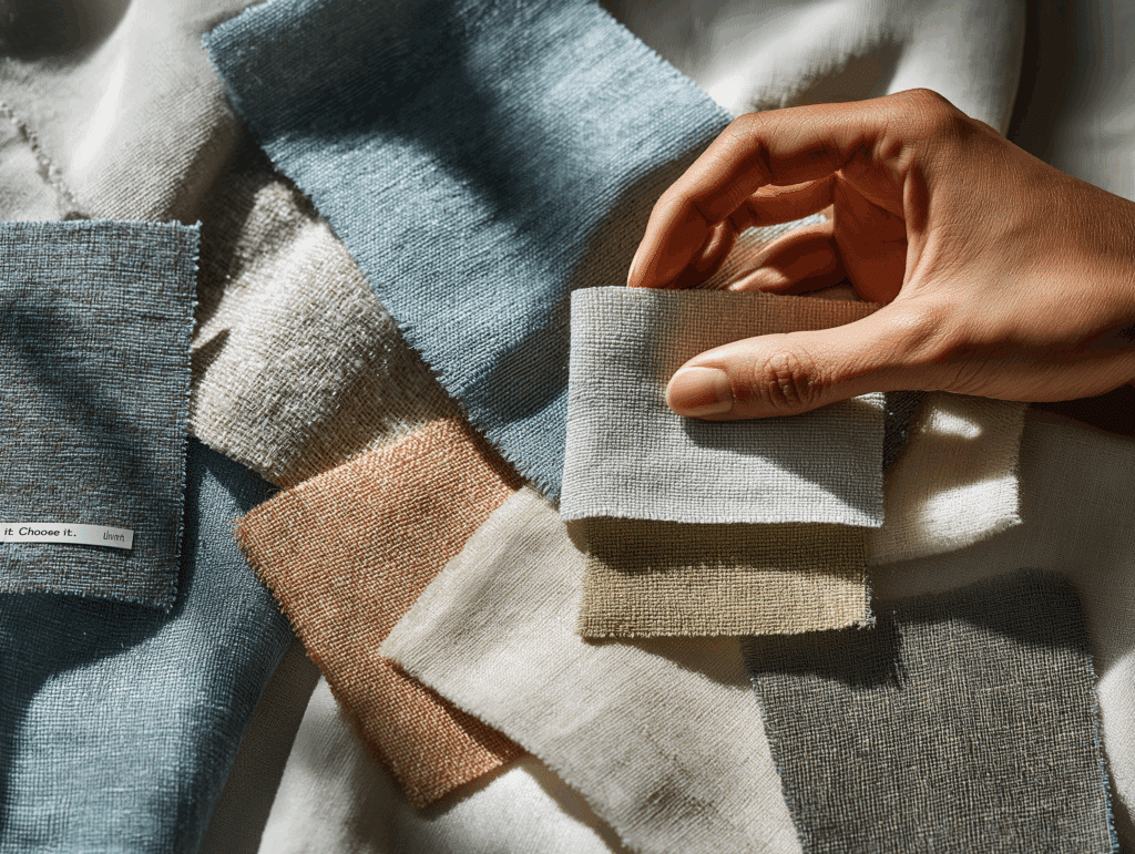 Una mano selecciona una muestra de tejido azul entre un surtido de muestras texturizadas en varios colores neutros y pastel, perfectas para diseñar su próxima colección de camisetas.