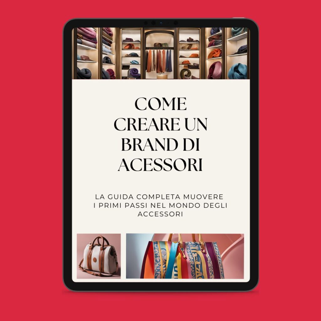 Une tablette présentant un guide italien sur la création d'une marque d'accessoires, enrichie d'images vivantes de sacs et de foulards, idéale pour les passionnés d'accessoires de mode.