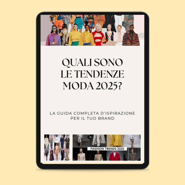 Un tablet presenta una guida alla moda chiamata "Quali sono le tendenze moda 2025?", ricca di immagini vivaci di modelli e outfit diversi che definiscono le tendenze del 2025.