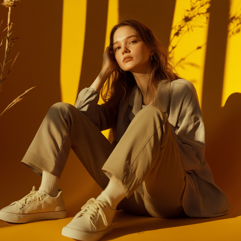 Against a bright yellow background, a person sits on the floor in a beige suit and white trainers, embodying the essence of an emerging fashion line. Dried grass, cleverly arranged around them, alludes to the changing seasons of fashion, while sunlight casts playful shadows on the wall.