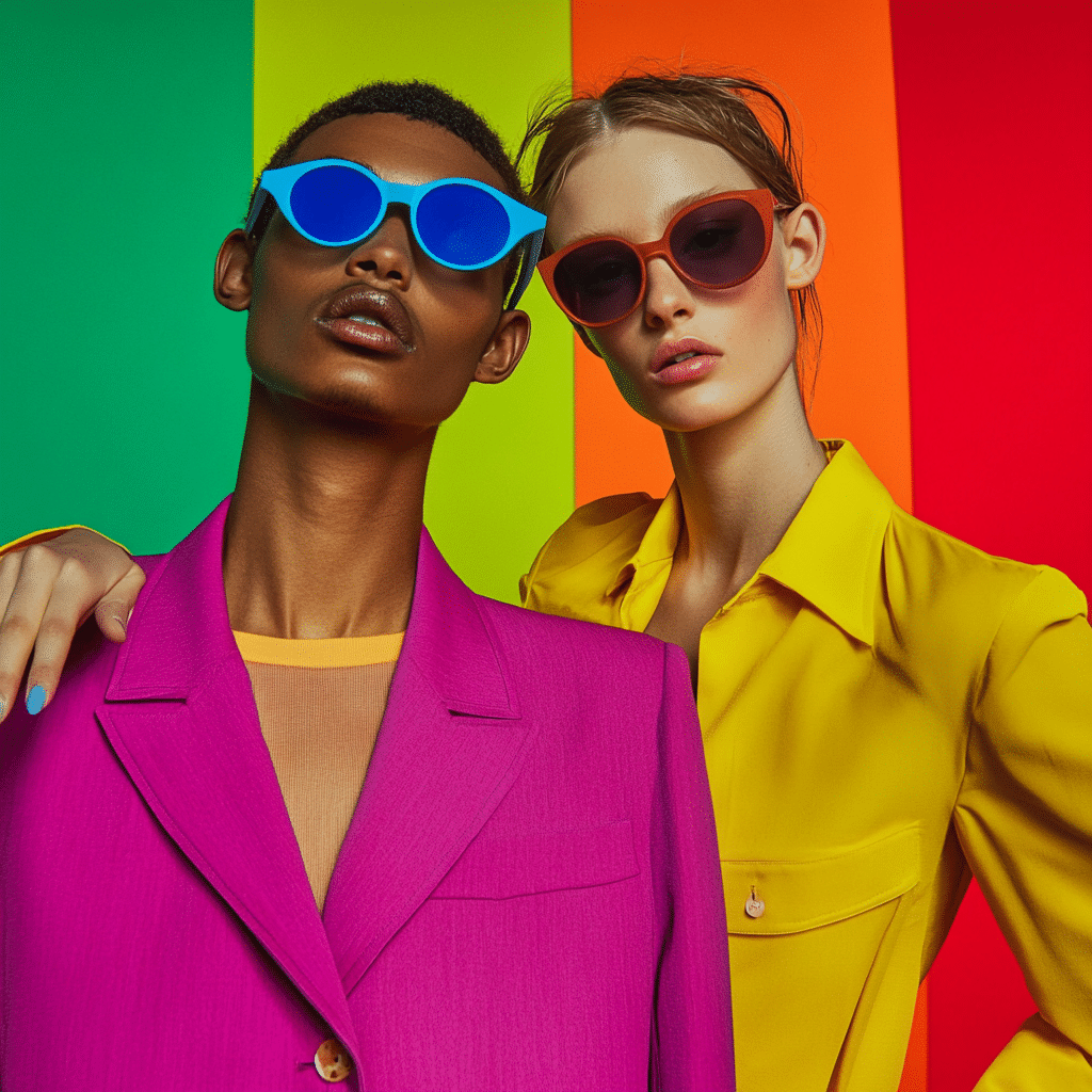 Two individuals wearing sunglasses stand against a colourful striped background, embodying the 2025 fashion trend. One wears a striking pink suit, while the other sports a vibrant yellow shirt, acting as tomorrow's fashion pioneers.