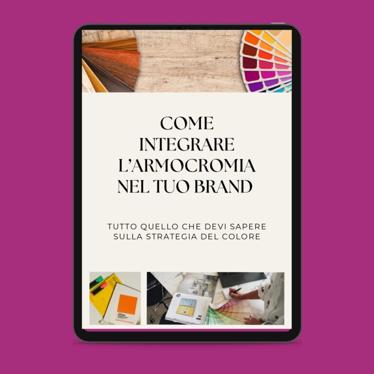 Auf einem iPad ist ein digitaler Leitfaden mit dem Titel "How to Integrate Armour in Your Brand" (Wie Sie Rüstungen in Ihre Marke integrieren) zu sehen, der Farbpaletten und Bilder des Arbeitsbereichs zeigt, alles auf einem leuchtenden magentafarbenen Hintergrund, um die Kraft der Rüstungen zu unterstreichen.
