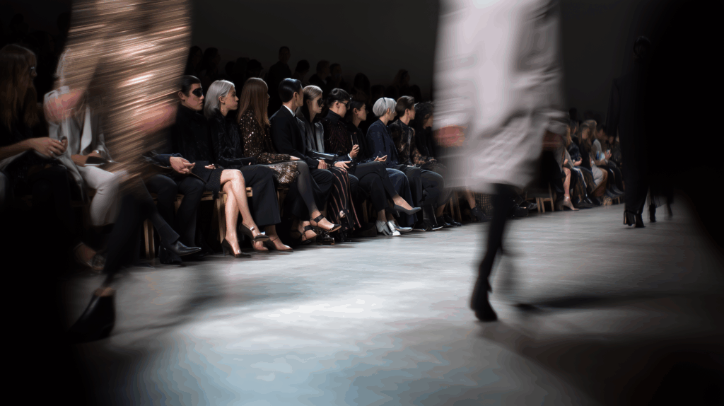Storytelling nella moda: tutto quello che devi sapere 8 Pubblico seduto in prima fila durante una sfilata di moda, rapito dalla narrazione mentre modelle sfocate camminano sulla passerella.