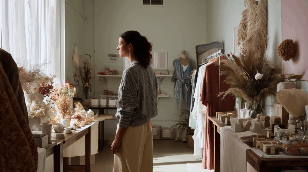 Una donna è in piedi in una piccola boutique, circondata da oggetti di moda che raccontano storie, mentre curiosa tra scaffali e tavoli addobbati con vestiti, fiori secchi e oggetti decorativi immersi in una soffusa luce naturale.