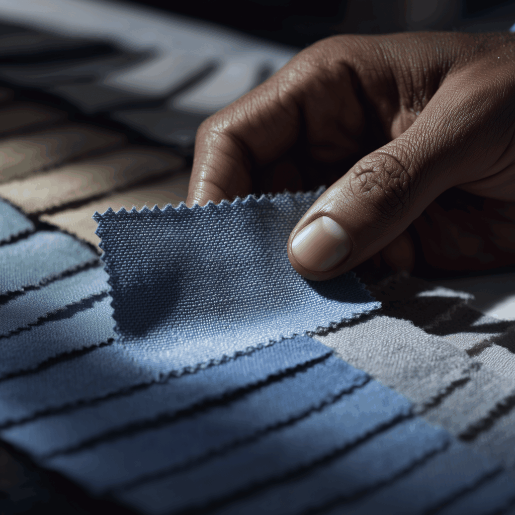 One hand holds a blue fabric sample above a table with rows of fabric samples of various colours, carefully evaluating each option as part of a considered pricing strategy.
