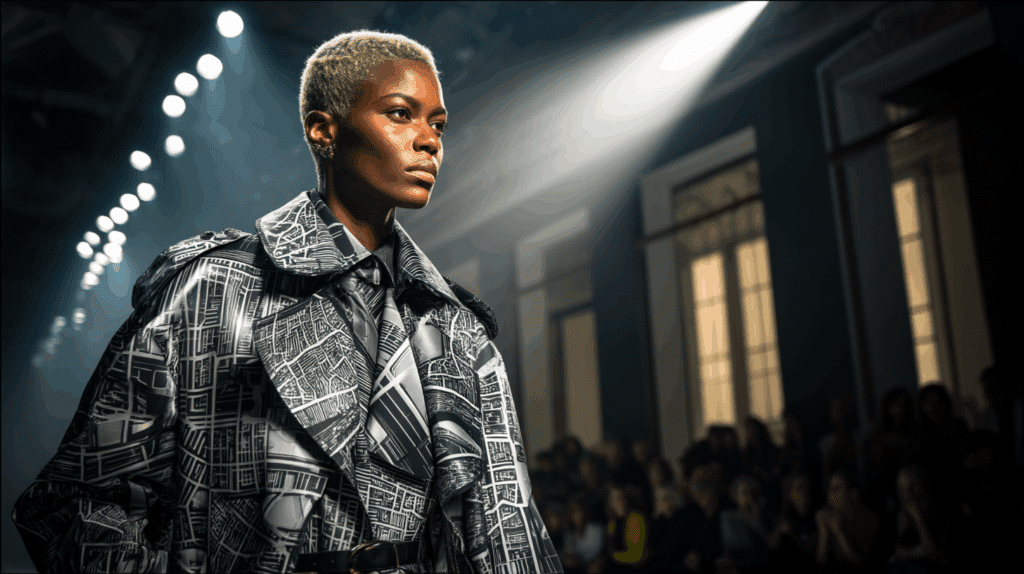 Una modella sfila in passerella indossando un trench con fantasia bianca e nera, incarnando la narrazione della moda, mentre il pubblico osserva dallo sfondo sotto un'illuminazione spettacolare.