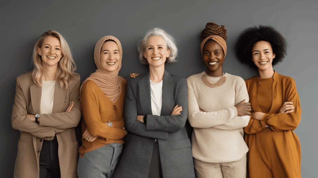 Cinque donne di diversa estrazione sociale sono in piedi una accanto all'altra davanti a un muro grigio, sorridenti e con le braccia incrociate, incarnando la sicurezza e l'unità spesso osservate nella narrazione.