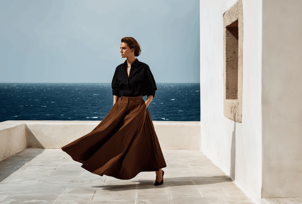 Una donna con una camicia nera e una gonna marrone è in piedi su una terrazza bianca in riva al mare, con i capelli e la gonna che le ondeggiano nel vento: un perfetto momento di narrazione moda.