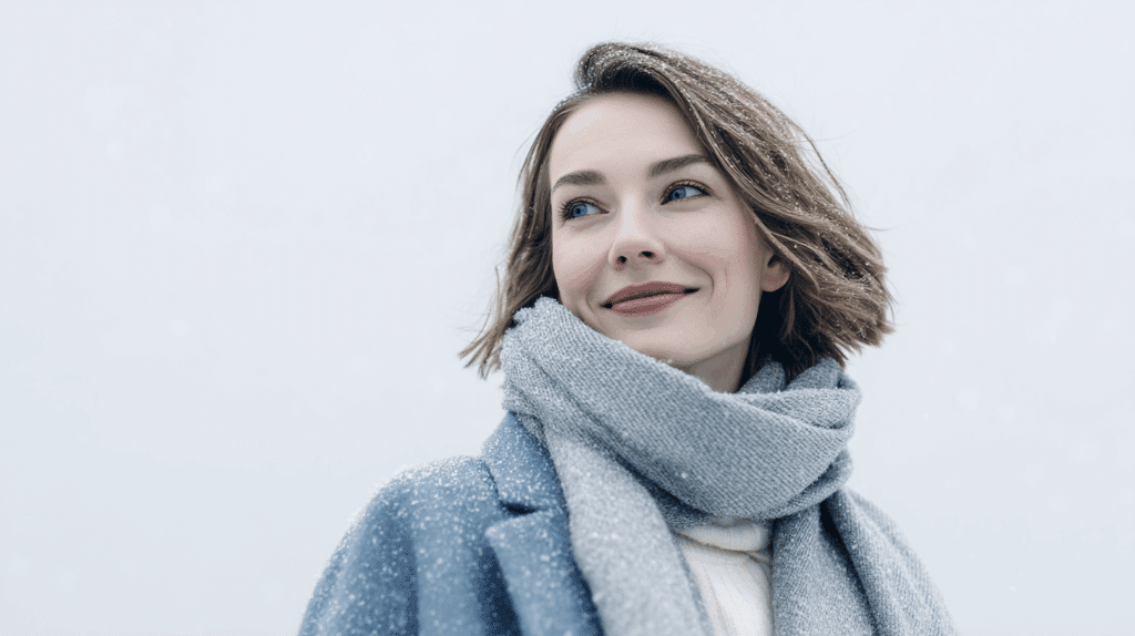 Eine Frau mit kurzen braunen Haaren und blauen Augen, die einen grauen Schal und einen blauen Mantel trägt, steht draußen bei leichtem Schneefall, schaut leicht zur Seite und lächelt.