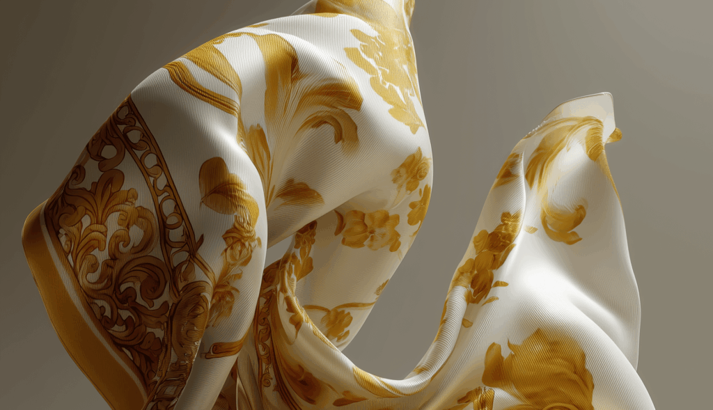 Seidenschal mit barocken Motiven in Weiß und Gold, die in der Luft schweben, auf neutralem Hintergrund.