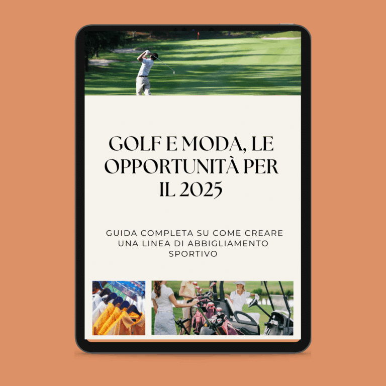 Schermo di un tablet che visualizza una guida intitolata "Golf e moda, le opportunità per il 2025" con immagini di golf, abbigliamento per il golf e abbigliamento sportivo.