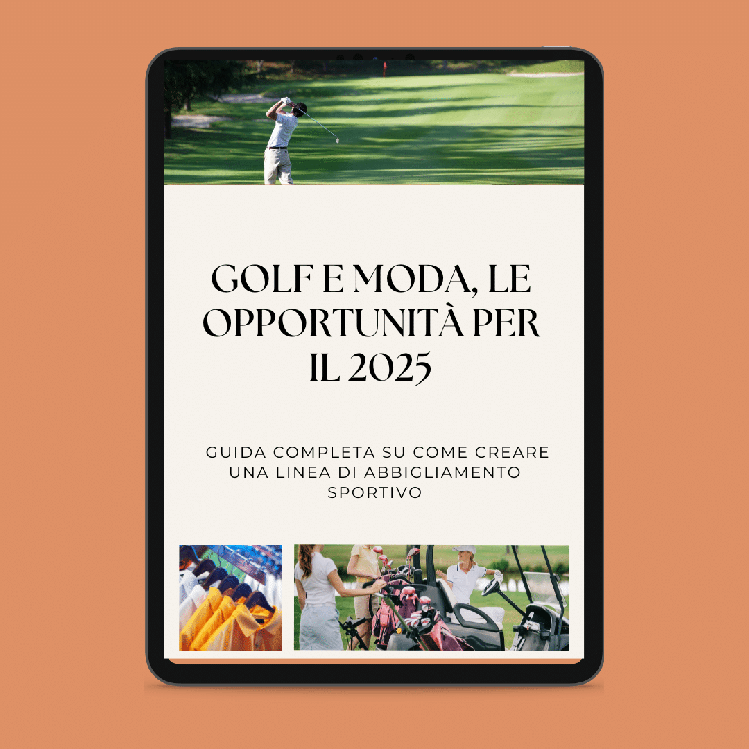 Bildschirm eines Tablets, auf dem ein Leitfaden mit dem Titel "Golf und Mode, die Möglichkeiten für 2025" mit Bildern von Golf, Golfkleidung und Sportbekleidung angezeigt wird.