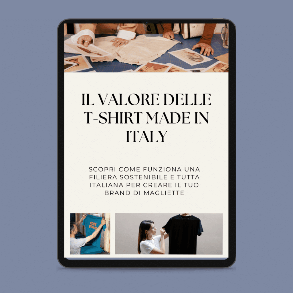 A tablet shows an article entitled 'The value of t-shirts made in Italy' with pictures showing the production of t-shirts made in Italy, with fabrics, stitching and production of t-shirts. The text is in Italian.