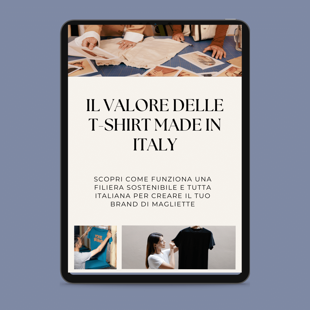 A tablet shows an article entitled 'The value of t-shirts made in Italy' with pictures showing the production of t-shirts made in Italy, with fabrics, stitching and production of t-shirts. The text is in Italian.