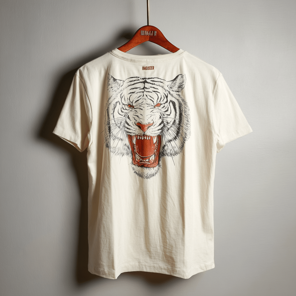 Un t-shirt blanc, fièrement issu de la production de t-shirts fabriqués en Italie, est suspendu à un cintre en bois et comporte un grand dessin détaillé d'un tigre hargneux au dos.