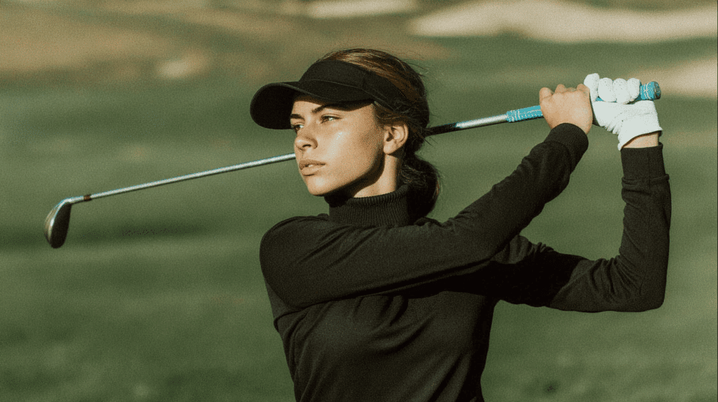 A woman in golf attire holds a golf club, ready to go.