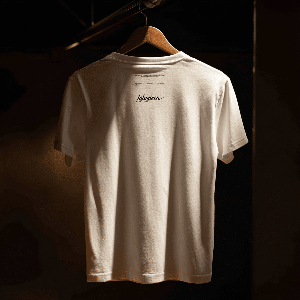 A white t-shirt, part of the t-shirt production made in Italy, hangs on a wooden hanger and is shown from the back, with the words 'Idiyisen' printed near the neckline.