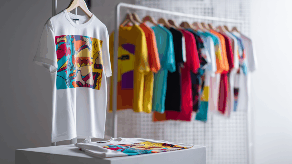 A white t-shirt with a colourful abstract graphic, made by t shirt production made in Italy, is displayed on a hanger and folded on a table, with assorted coloured t-shirts hanging on a shelf in the background.