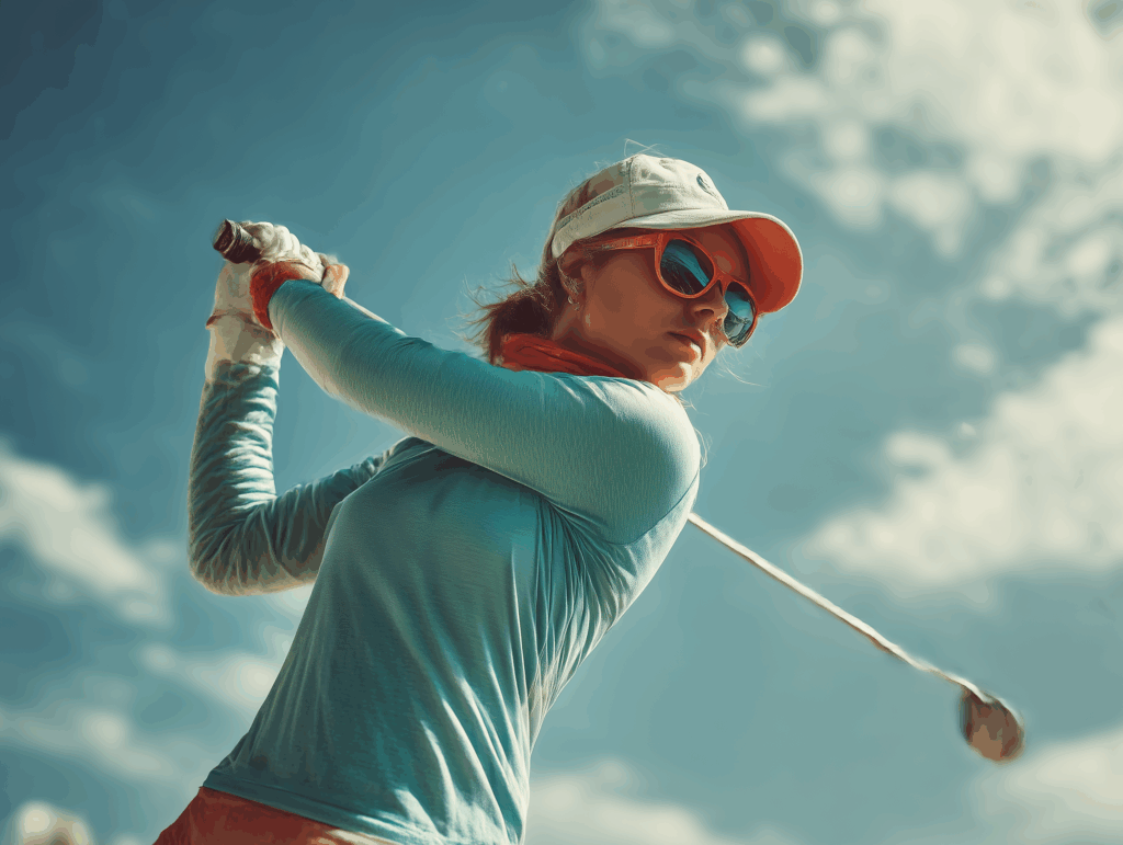 A woman in golfing attire, wearing sunglasses and a visor, swings a golf club outdoors under a partly cloudy sky.