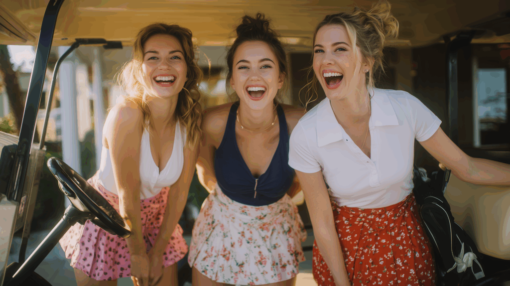 Drei junge Frauen in Golfkleidung stehen an einem sonnigen Tag lächelnd und lachend neben einem Golfwagen.