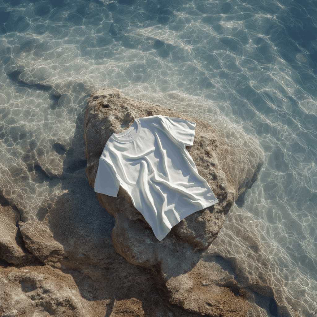 A simple white T-shirt of Italian manufacture lies on a sunlit rock surrounded by clear, shallow water.