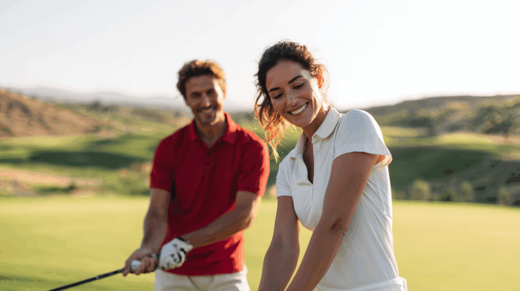 A man and a woman on a golf course, both smiling and holding golf clubs in their golf attire, with green hills and sunlight in the background.