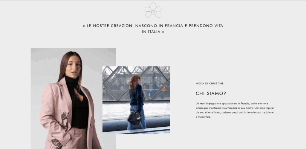 Une femme en tailleur rose est de face, tandis qu'une autre femme marche à l'extérieur en portant un sac noir. Le texte en italien souligne les origines de la marque, son identité et sa dernière collection capsule.