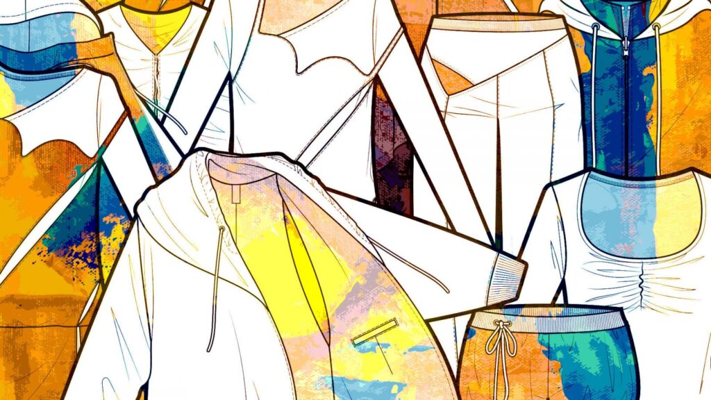Illustration of various items of casual clothing, part of a capsule collection, including sweatshirts, trousers and tops, outlined in black with abstract yellow, blue and orange watercolour-style backgrounds.