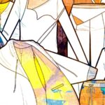 Illustration verschiedener Freizeitkleidungsstücke, Teil einer Capsule-Kollektion, darunter Sweatshirts, Hosen und Oberteile, schwarz umrandet mit abstrakten gelben, blauen und orangefarbenen Hintergründen im Aquarellstil.