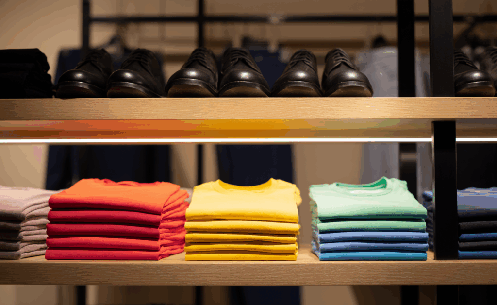 Des étagères exposant des chemises colorées soigneusement pliées dans les tons rouge, jaune, vert et bleu, avec des chaussures noires disposées sur l'étagère supérieure dans un magasin de vêtements.