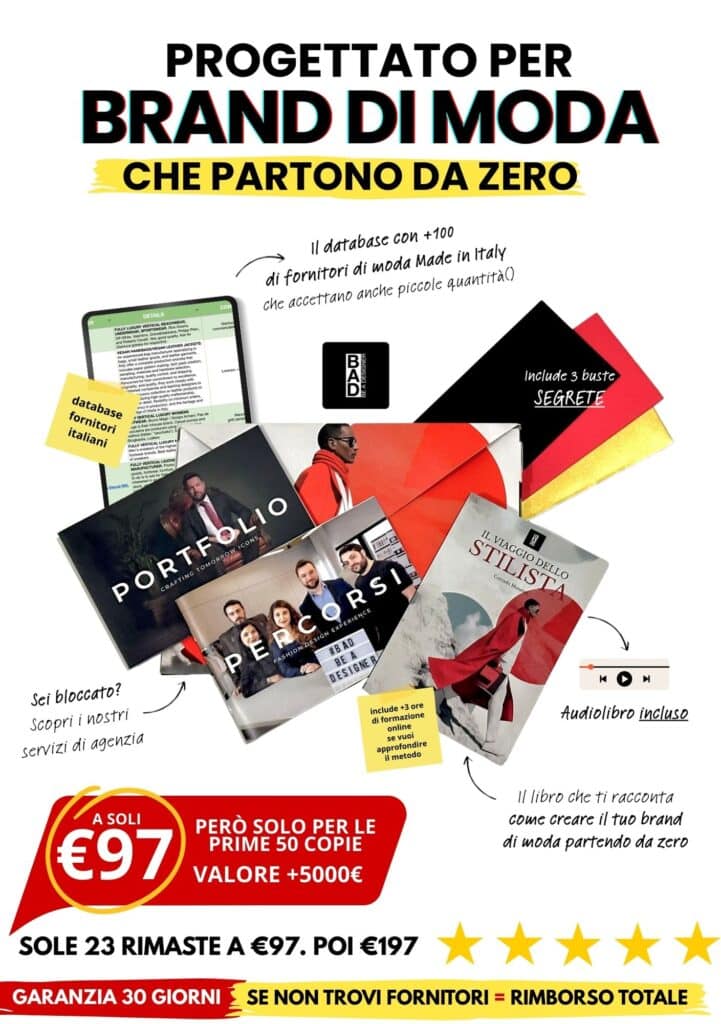 Immagine promozionale per uno starter kit di un marchio di moda, con guide, portfolio, schede e prezzi in italiano, che offre risorse per creare un marchio di moda da zero.
