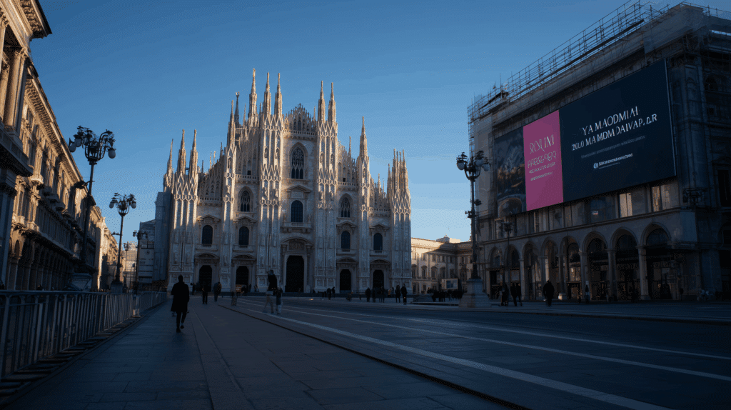 The Duomo of Milan stands out in the background under a clear sky, while some people walk past a large electronic billboard highlighting the upcoming events of Milan Fashion Week on a nearby building.