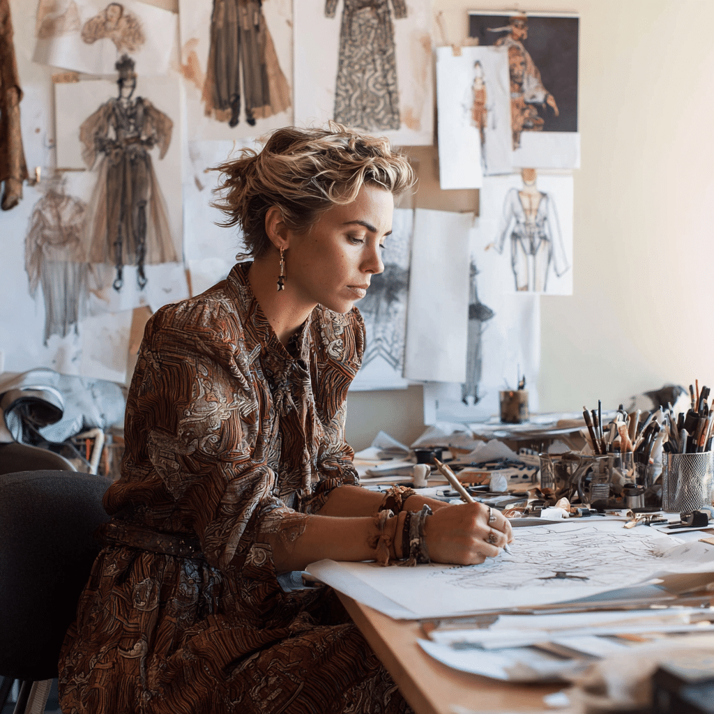 Une personne est assise à un bureau encombré, en train d'esquisser des croquis de mode, entourée d'inspirations (illustrations de vêtements et échantillons de tissus accrochés au mur) qui reflètent son parcours pour devenir styliste.