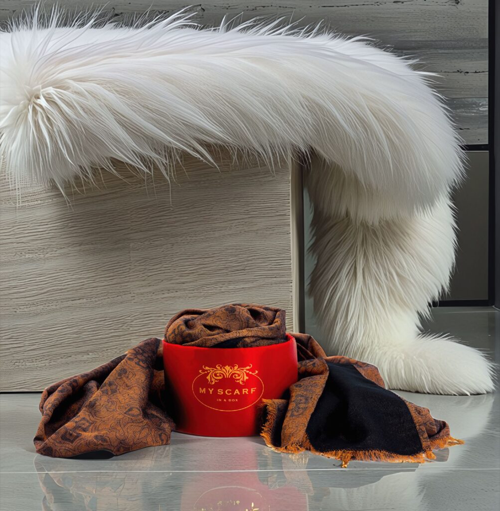 Une couverture blanche en fausse fourrure est drapée sur un banc en bois, tandis qu'une boîte rouge de MyScarf et un foulard à motifs orange et noir - une inspiration parfaite si vous cherchez à marquer des vêtements - sont posés sur le sol devant.