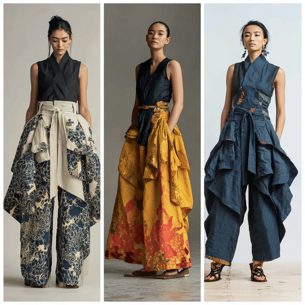 Tres modelos lucieron tops negros sin mangas combinados con pantalones anchos de cintura alta en tejidos estampados en azul, amarillo y azul marino, con fajas anchas drapeadas y detalles en capas inspirados en la moda del upcycling.