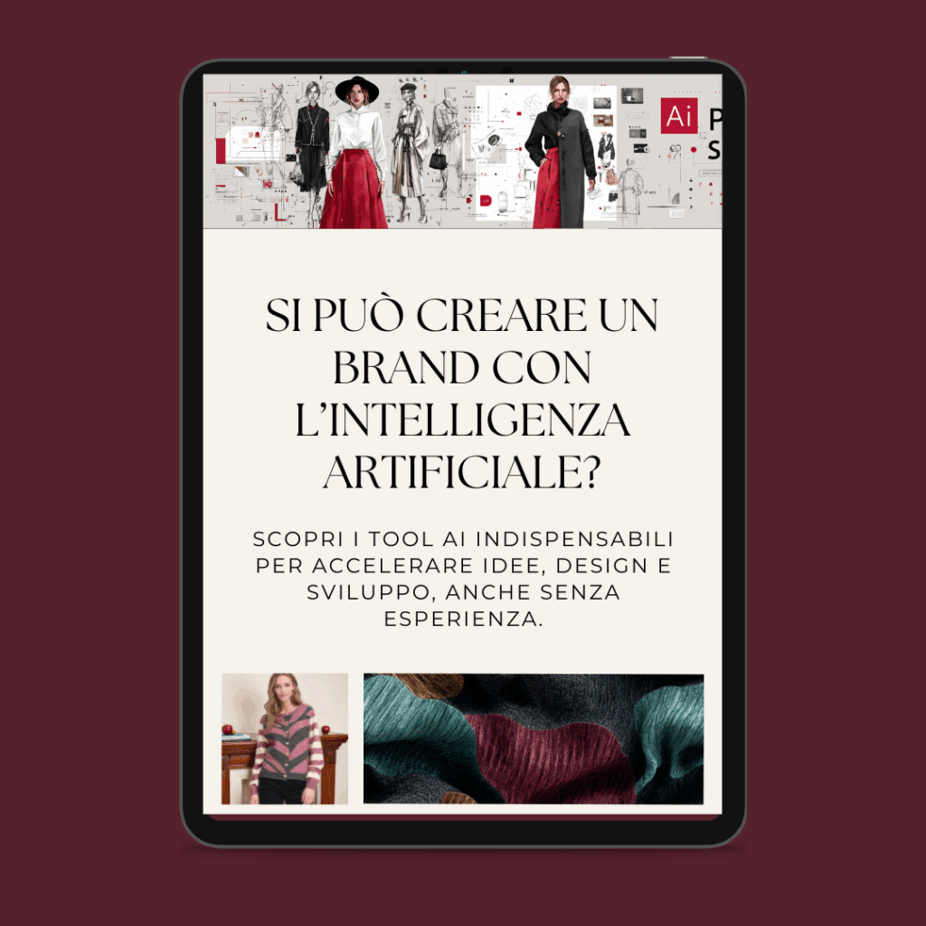 Écran d'une tablette affichant un article italien sur la création d'une marque grâce à l'intelligence artificielle dans la mode, avec des images de mode, de design et d'outils d'intelligence artificielle.