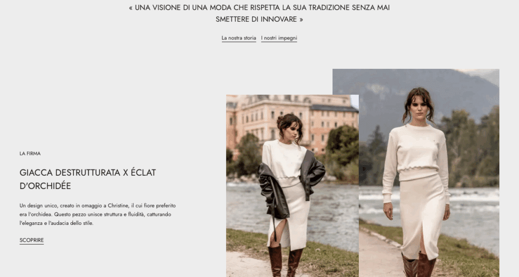 Deux femmes vêtues de tenues assorties couleur crème et de bottes marron posent en extérieur près d'arbres et d'un point d'eau, ainsi que dans un studio, pour une campagne publicitaire d'une marque de mode durable diffusée sur un site web.