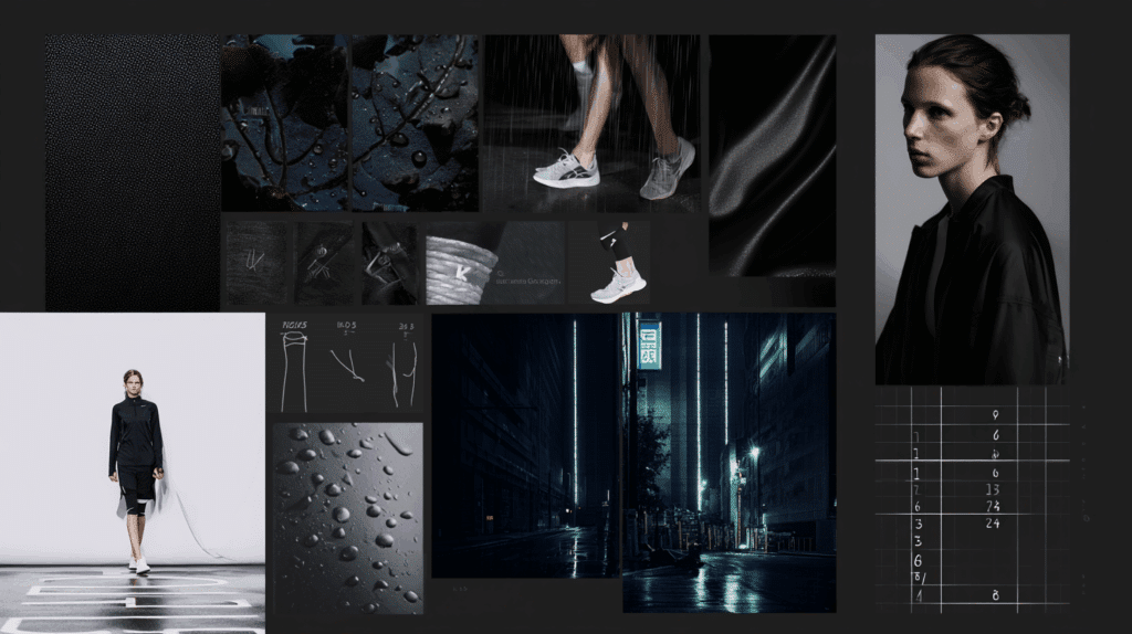 Un mood board con moda dark, gocce di pioggia, schizzi di sneaker, intelligenza artificiale nella moda, una strada di città di notte, texture di tessuti e donne in abiti neri minimalisti su uno sfondo scuro.