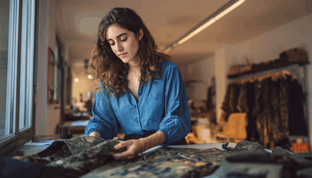 Une femme vêtue d'une chemise bleue examine ou coud un morceau de tissu à motif camouflage sur une table de travail dans une pièce bien éclairée, incarnant les principes de la slow fashion.