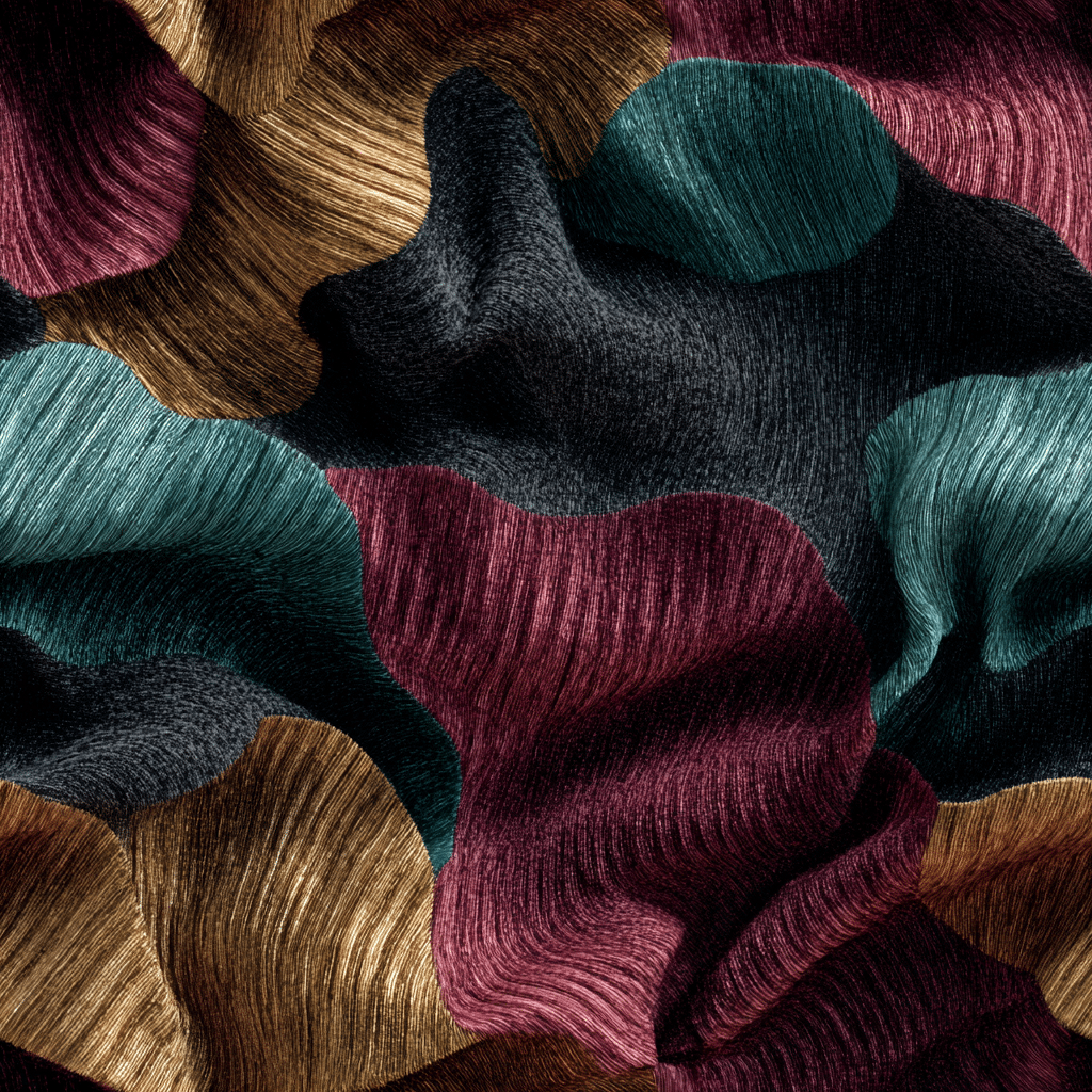 Primo piano astratto di un tessuto ondulato e strutturato nei colori bordeaux, oro, verde acqua e nero, con una lucentezza setosa e motivi piegati sovrapposti: l'intelligenza artificiale nella moda ispira design tessili innovativi.