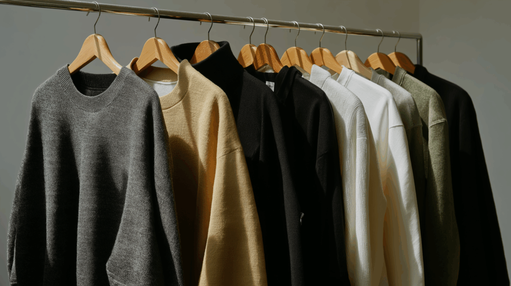 Une rangée de pulls de différentes couleurs neutres (gris, beige, noir, blanc et vert) est suspendue à des cintres en bois sur un support métallique : une présentation élégante des éléments essentiels de la "slow fashion".