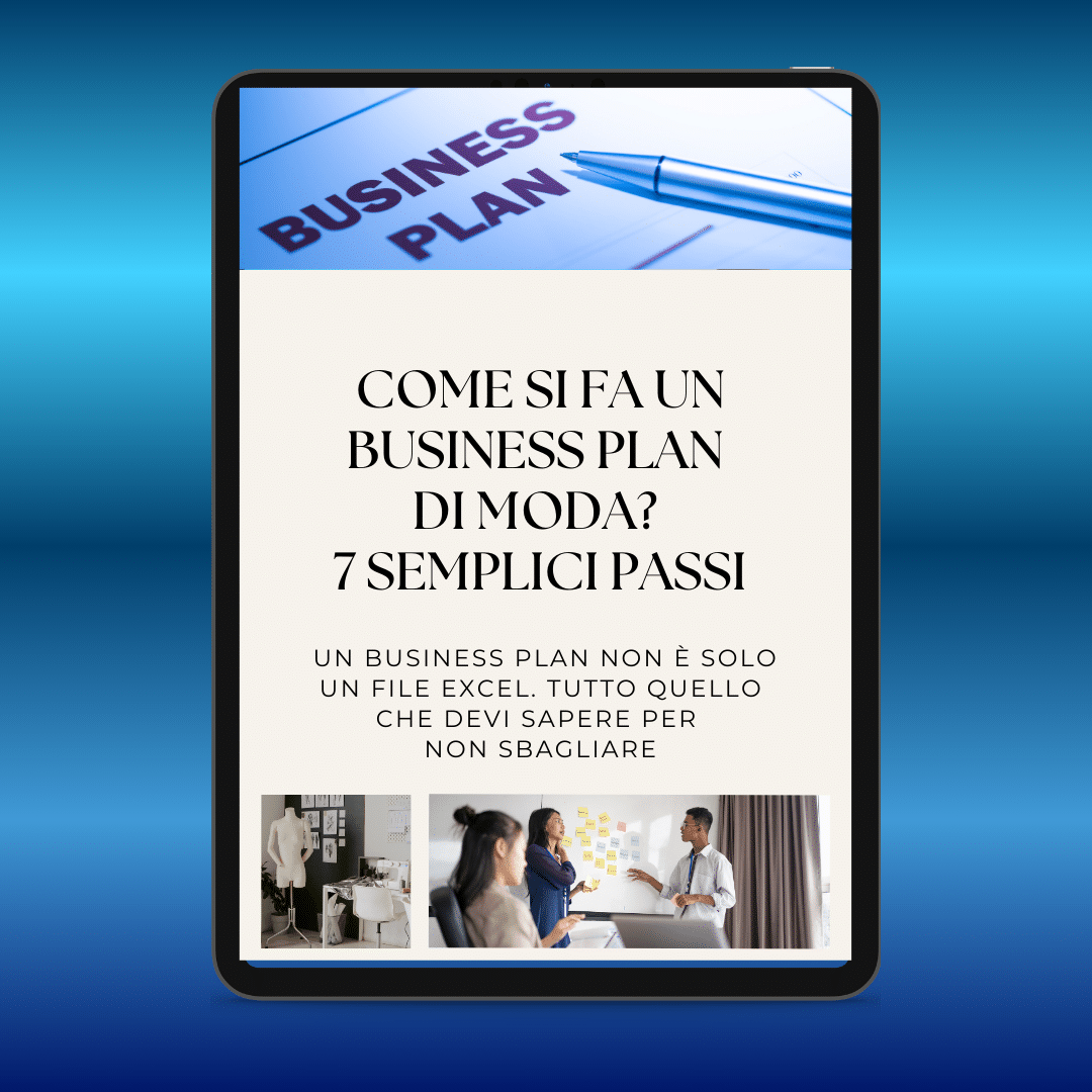 Tablet displaying a guide entitled "How to create a fashion business plan: 7 simple steps", accompanied by images of meetings and explanatory texts on how to create a successful business plan in the fashion industry.