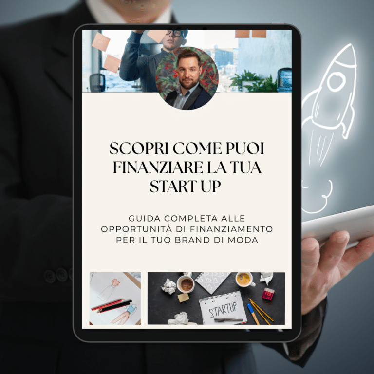 Person holding a tablet displaying a guide to financing fashion start-ups, with images of a man, work scenes and text in Italian on the screen.
