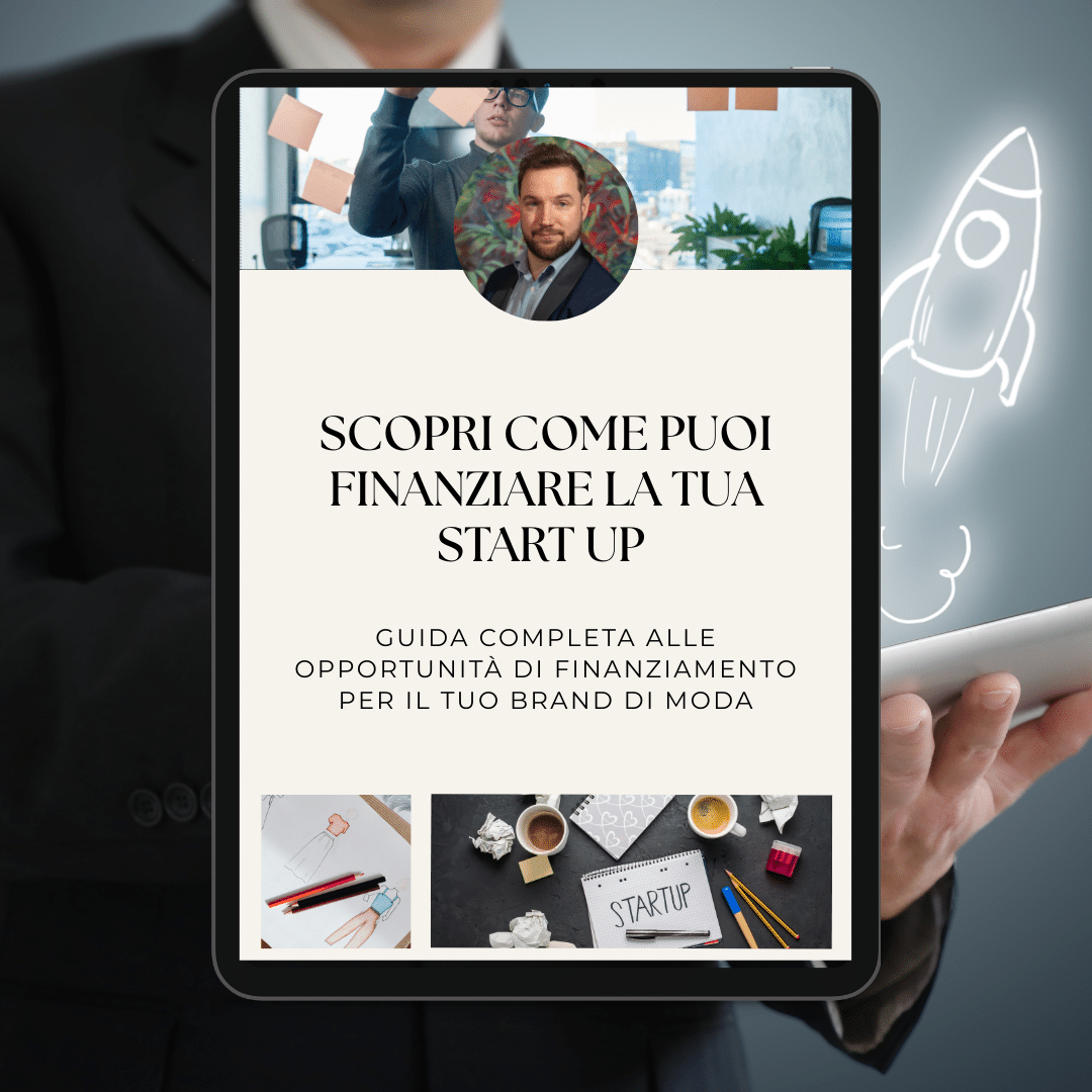 Persona con in mano un tablet che visualizza una guida sui finanziamenti per startup di moda, con immagini di un uomo, scene di lavoro e testo in italiano sullo schermo.
