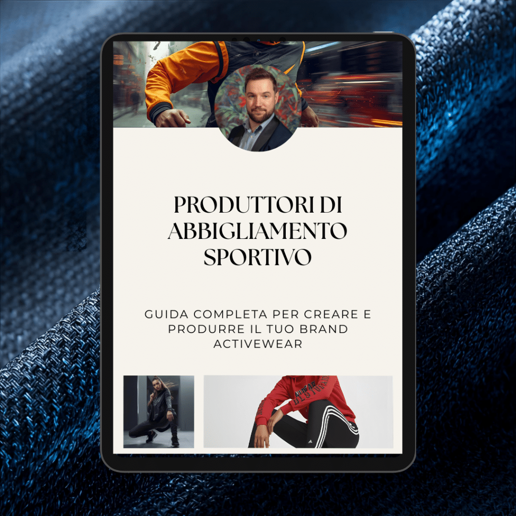 Tabla que muestra una guía italiana sobre ropa deportiva de producción Made in Italy, con retrato masculino, título, subtítulo e imágenes de modelos con ropa deportiva.