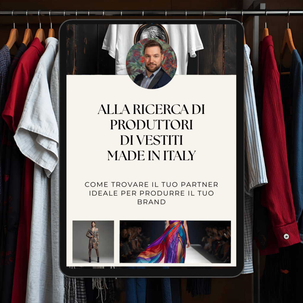 Entre la ropa hay colgado un cartel en italiano sobre la búsqueda de fabricantes de ropa Made in Italy, con la foto de un hombre e imágenes de modelos de moda y una pasarela.