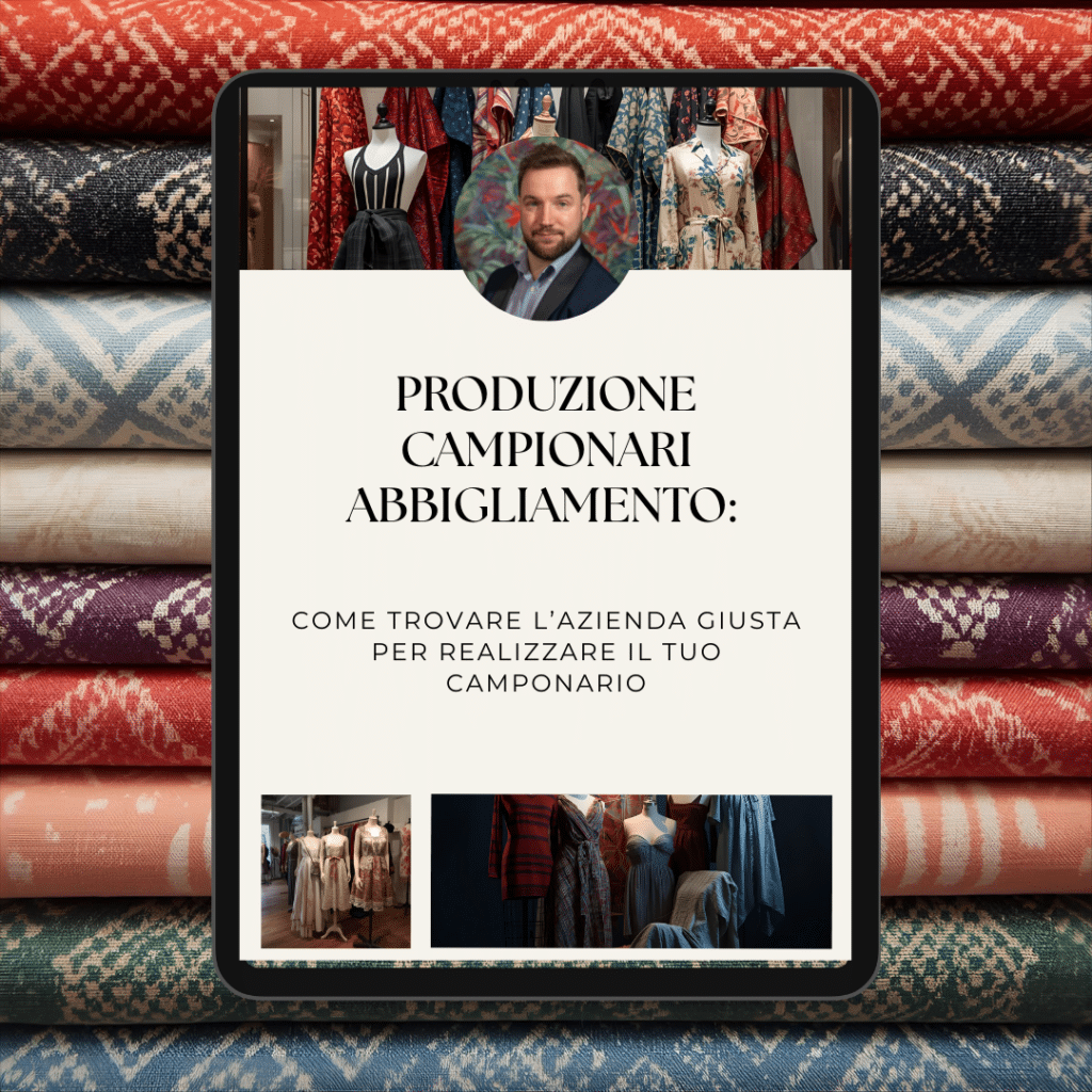 Tableta que muestra una guía para diseñadores sobre cómo encontrar la empresa adecuada para la producción de muestras de ropa, sobre un fondo de telas estampadas superpuestas.